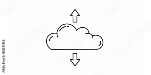 Minimalist outline icon illustrating cloud computing technology with arrows indicating data transfer, uploading, and downloading