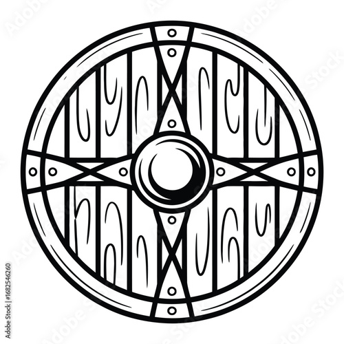 A detailed black and white illustration of a round wooden viking shield with metal reinforcements and a central boss for protection