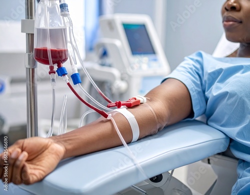 Close-up of a patient's arm undergoing dialysis treatment with visible blood bag and medical equipment in a hospital setting.