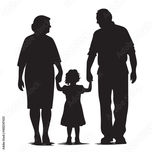 Silhouette of father, mother and daughter walking forward holding hands from behind
