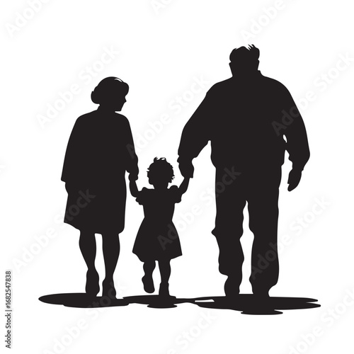 Silhouette of father, mother and daughter walking forward holding hands from behind