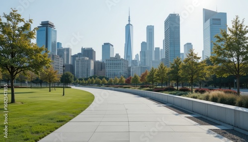 A Serene, Winding Path Through a Modern Park Toward the Lower Manhattan Skyline