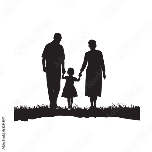 Silhouette of father, mother and daughter walking forward holding hands from behind