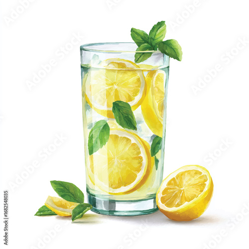 Watercolor depiction of refreshing lemonade with mint and lemon slices