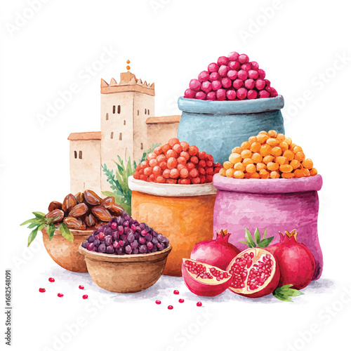 Watercolor depiction of Moroccan market goods dates berries pomegranates and a distant building