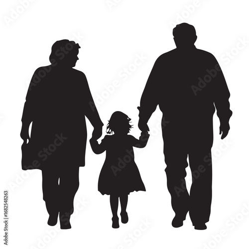 Silhouette of father, mother and daughter walking forward holding hands from behind