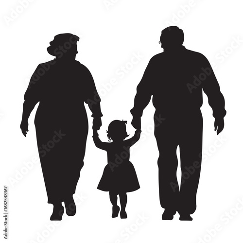 Silhouette of father, mother and daughter walking forward holding hands from behind