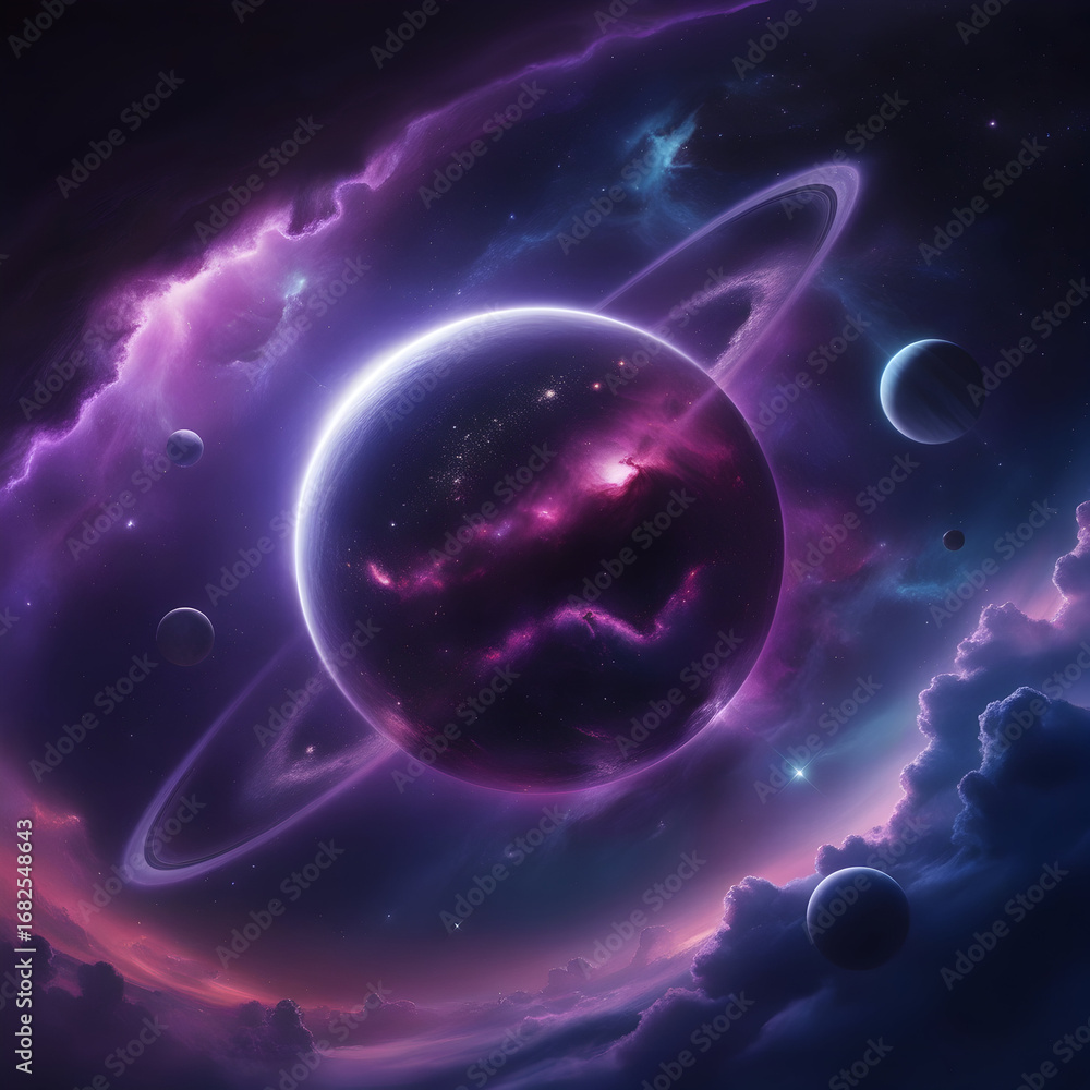 Obraz premium Ringed purple planet with glowing pink nebula clouds and distant moons in a starry cosmos space galaxy