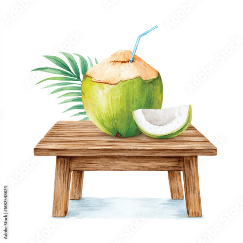Watercolor Coconut Drink with Straw and Slice on Rustic Wooden Table