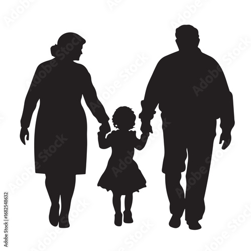Silhouette of father, mother and daughter walking forward holding hands from behind