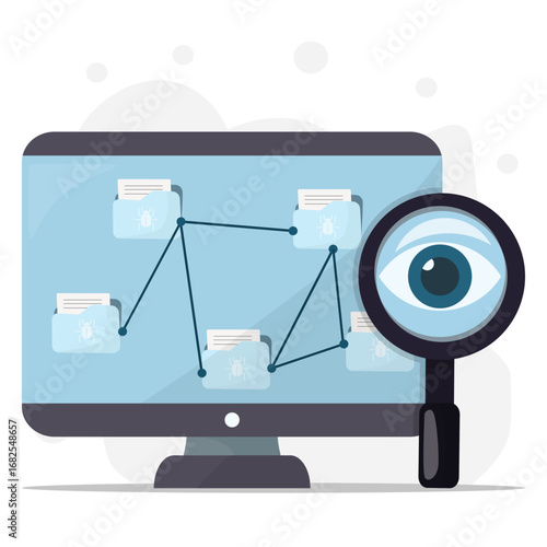 File sharing infected of bug and malware with with eyes on magnifying glasses to spy on. Cyber attack and personal data thief concept. 