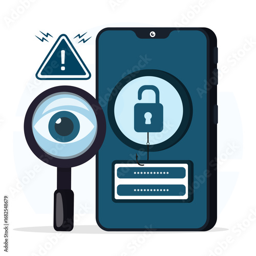 Smartphone security breach with magnifying eye, unlocked padlock and fishing hook to password login.