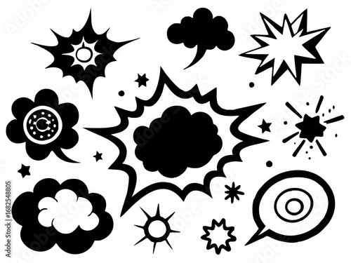 Black Comic Book Speech Bubbles and Explosions on White Background pop art black and white