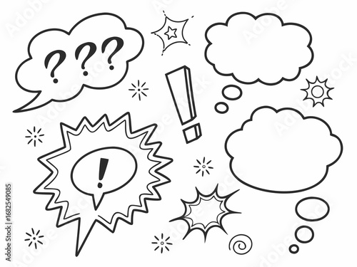Comic Speech Bubbles with Multiple Question Marks and Exclamation Mark cartoon drawing