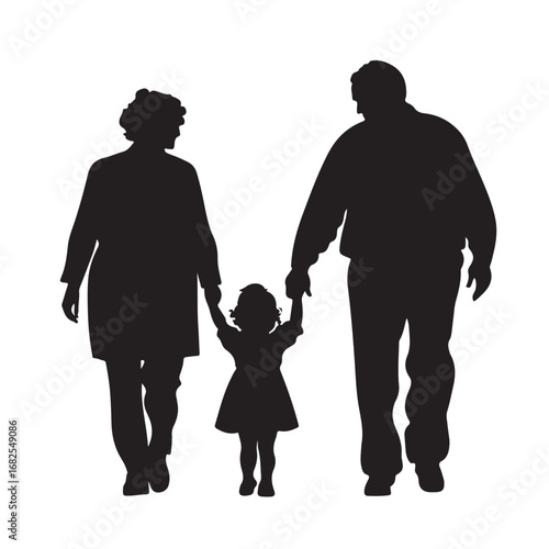 Silhouette of father, mother and daughter walking forward holding hands from behind