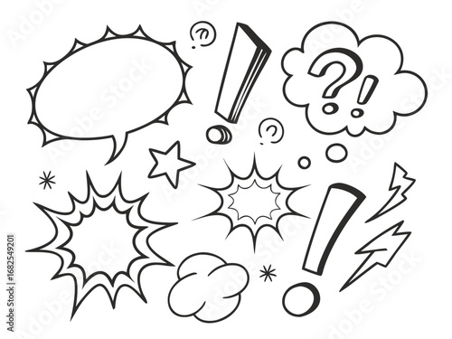 Hand Drawn Doodle Elements Including Speech Bubbles Question Marks Exclamation Marks Stars And Lightning Bolts