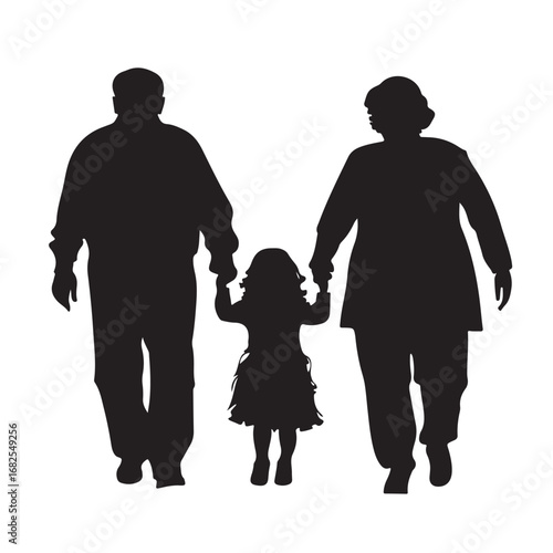 Silhouette of father, mother and daughter walking forward holding hands from behind