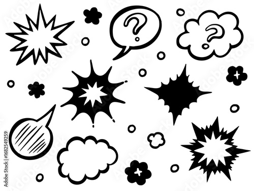 Black and White Comic Style Explosion Shapes and Speech Bubbles thought bubble star