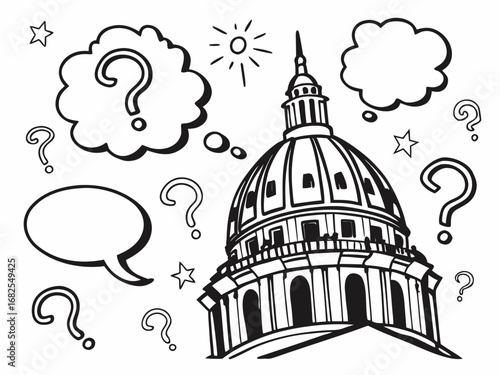 Hand Drawn Sketch of Capitol Dome with Question Marks and Speech Bubbles capitol building architecture