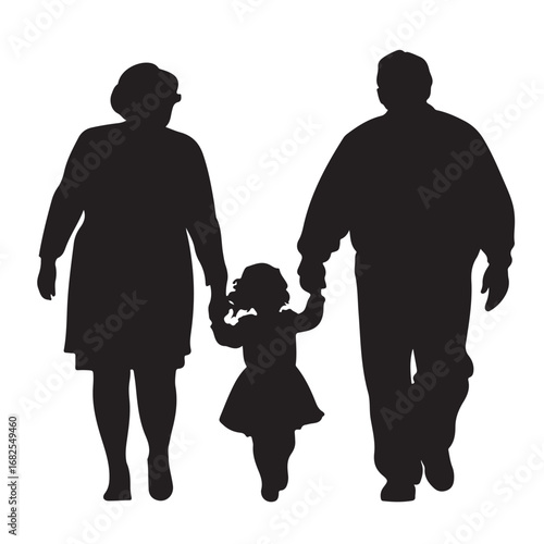 Silhouette of father, mother and daughter walking forward holding hands from behind
