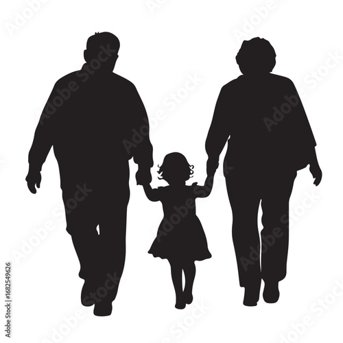 Silhouette of father, mother and daughter walking forward holding hands from behind