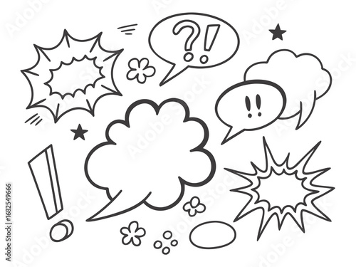 Assorted Doodle Speech Bubbles and Comic Elements in Black and White cartoon dialogue