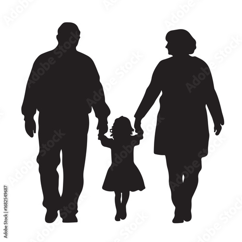Silhouette of father, mother and daughter walking forward holding hands from behind