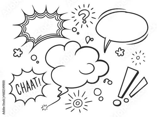 Hand Drawn Comic Bubbles with Exclamation Marks Question Mark and Word Chaat speech bubble thought bubble