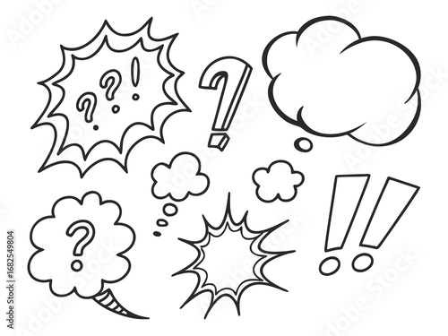 Hand Drawn Comic Book Speech Bubbles and Punctuation Marks on White Background thought bubble cartoon