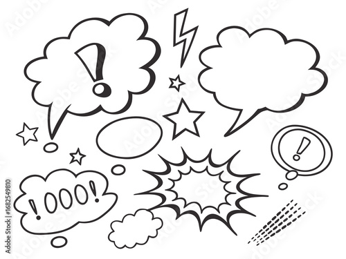Assortment of Comic Style Speech Bubbles Stars and Lightning Bolt on White thought bubble cartoon