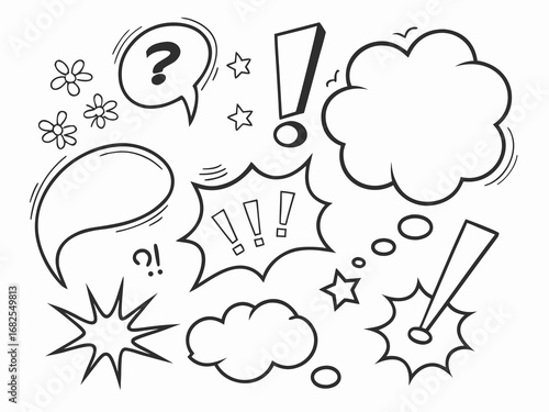 Doodle Style Speech Bubbles Question Mark Exclamation Marks and Flowers on White thought bubble comic