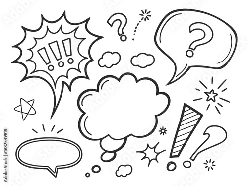 Comic Speech Bubbles Question Marks and Starbursts Hand Drawn on White Background thought bubble cartoon