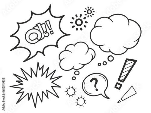 Comic Style Speech Bubbles Exclamation Mark Question Mark and Sunburst on White thought bubble cartoon