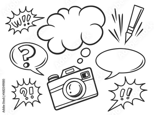 Hand Drawn Comic Style Speech Bubbles and Camera Elements thought bubble cartoon