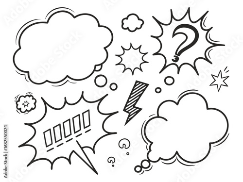 Hand Drawn Comic Speech Bubbles with Numbered List and Lightning Bolt cartoon drawing