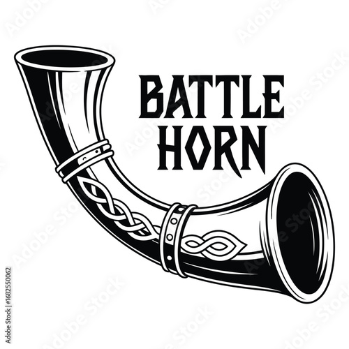 Ancient battle horn with celtic knotwork detail and bold text battle horn isolated on white background