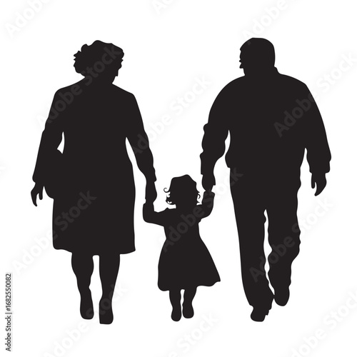 Silhouette of father, mother and daughter walking forward holding hands from behind