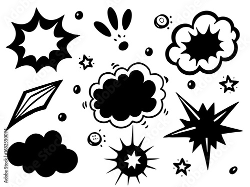 Assortment of Black Hand Drawn Comic Book Style Explosions and Shapes speech bubble doodle