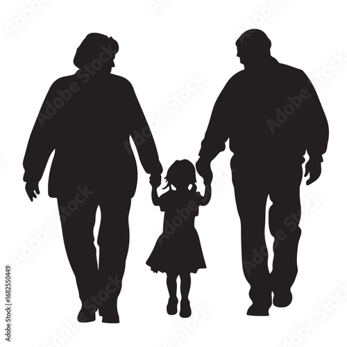 Silhouette of father, mother and daughter walking forward holding hands from behind