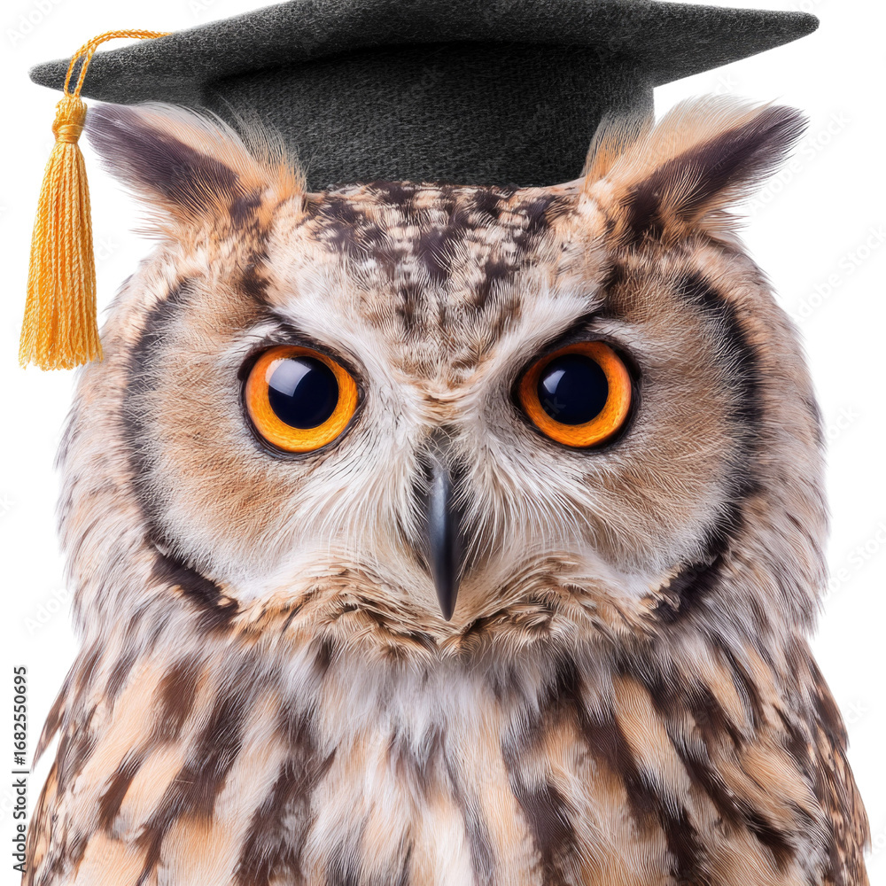 Fototapeta premium Wise Owl with Graduation Cap Symbolizing Education and Knowledge in Animal Study and Learning Environment