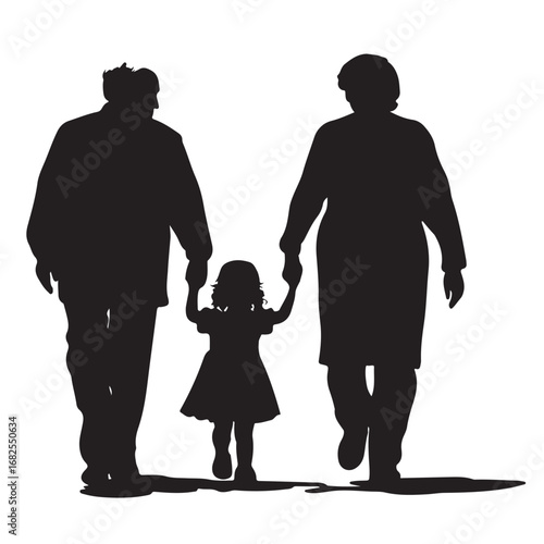Silhouette of father, mother and daughter walking forward holding hands from behind