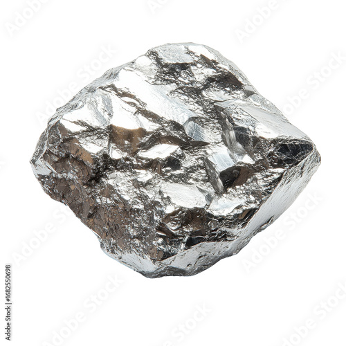 Silver metallic rock specimen isolated on black background, isolated on a transparent background