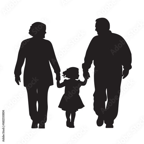 Silhouette of father, mother and daughter walking forward holding hands from behind