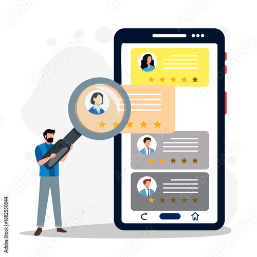 Illustration of a man analyzing online reviews and ratings on a mobile app with a magnifying glass. Representing online feedback, evaluation, and customer experience.