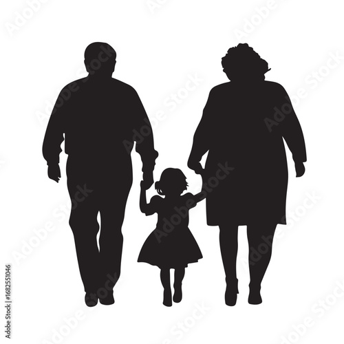 Silhouette of father, mother and daughter walking forward holding hands from behind
