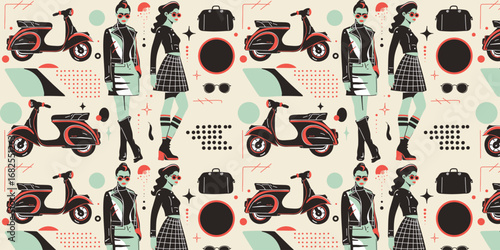vector illustration of seamless pattern with vintage woman, scooter, and accessories