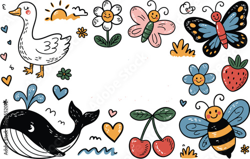 Cute Animal  Nature Doodle Illustration for Kids Projects Cards and Prints
