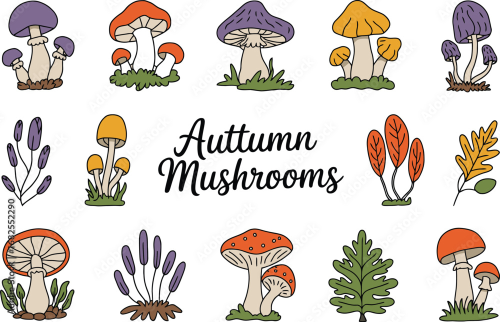 Naklejka premium Autumn Mushrooms A Collection of Colorful Fall Fungi Illustrations