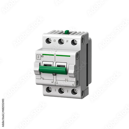 White electrical circuit breaker with green levers isolated on transparent background