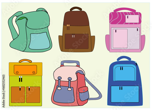 Colorful school bags icons set, Variety of bright backpacks for schoolchildren, students, travelers and tourists flat vector illustrations. Fashionable bags for kids and adults. Back to School
